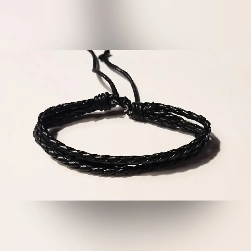 Men's bracelet leather‎ braided layered black new d42